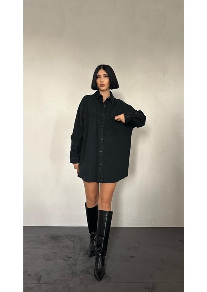 Runiquehome Siyah Çift Cep Kapaklı Çıtçıtlı Gömlek fiyatları