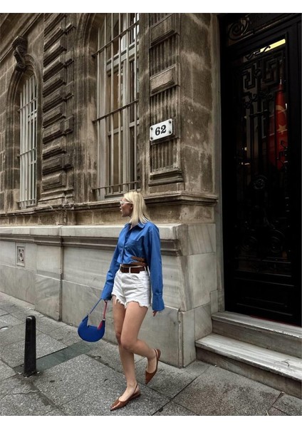 Runiquehome Gömlek Poplin Crop Yan Çift Kemer Detaylı - Mavi fiyatları