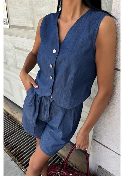 Runiquehome Gümüş Düğmeli Yelek ve Şort Tensel Takım 10174
