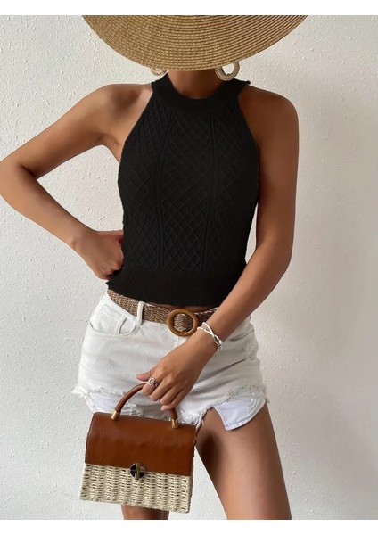 Runiquehome Kadın Kolsuz Halter Yaka Mini Baklava Desenli Triko Bluz modelleri