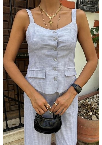 Runiquehome Kalın Askılı Bluz Pantolon Keten Takım 10187