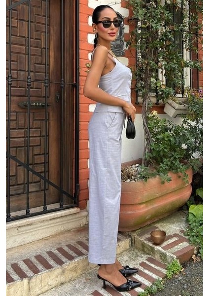 Runiquehome Kalın Askılı Bluz Pantolon Keten Takım 10187