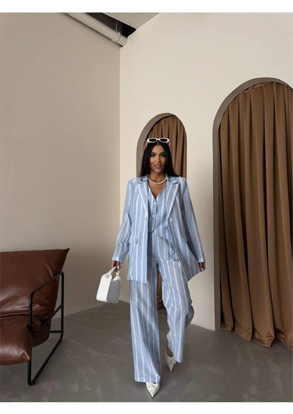 Runiquehome Çizgili Ceket Keten - Mavi fiyatları