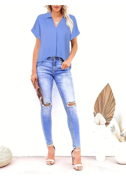 Runiquehome Kadın Kısa Kollu Yakalı Uzun Sandy Bluz indirimleri