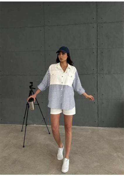 Runiquehome Gabardin Şort - Gabardin - Çizgili Keten Garnili Ceket Takım - Lacivert