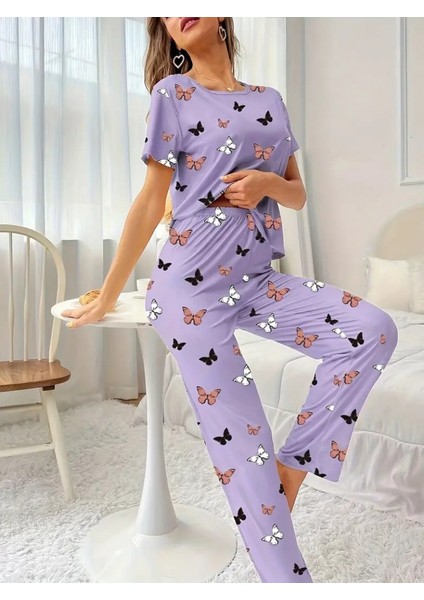 Runiquehome Kadın Kısa Kollu Bisiklet Yaka Kelebek Baskılı Süprem Ikili Takım fırsatları