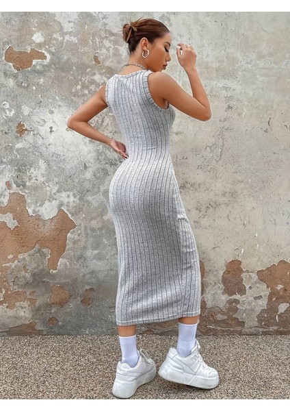 Runiquehome Kadın Kalın Askılı Kare Yaka Fitilli Kaşkorse Midi Boy Elbise fırsatları