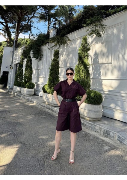 Runiquehome Yakalı Gömlek Kemerli Şortlu Takım - Bordo modelleri