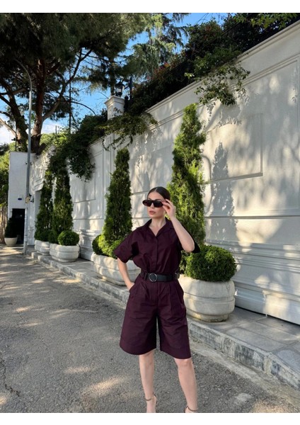 Runiquehome Yakalı Gömlek Kemerli Şortlu Takım - Bordo fırsatları