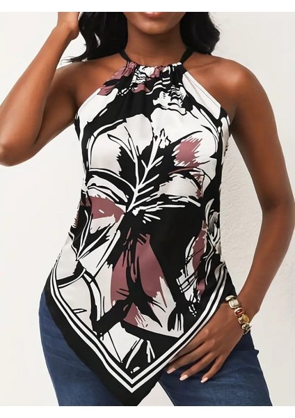 Runiquehome Kadın Üçgen Kesim Boyundan Bağlamalı Çiçek Desen Süprem Bluz