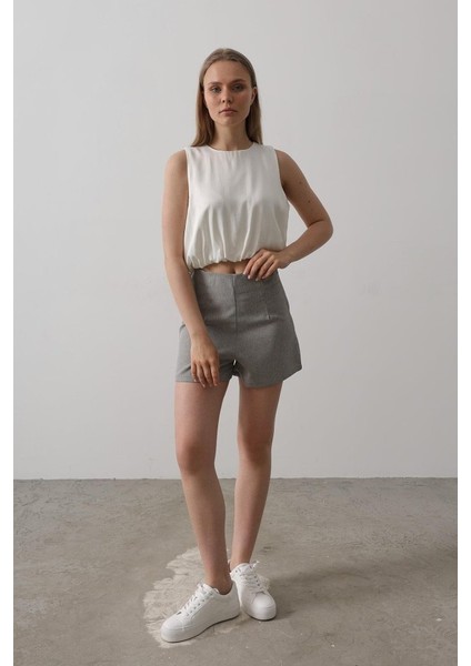 Runiquehome Saten Kolsuz Belki Lastikli Bluz - Ekru