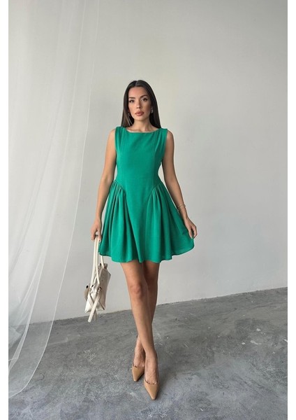 Runiquehome Yeşil Mini Boy Büzgülü Keten Elbise