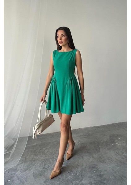 Runiquehome Yeşil Mini Boy Büzgülü Keten Elbise fiyatları