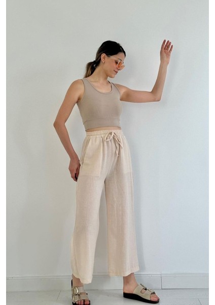 Runiquehome Bej Keten Pantolon