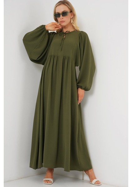 Runiquehome Balon Kol Uzun Tesettür Elbise 2464 - Haki