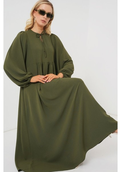 Runiquehome Balon Kol Uzun Tesettür Elbise 2464 - Haki fiyatları