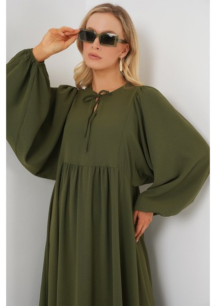 Runiquehome Balon Kol Uzun Tesettür Elbise 2464 - Haki fırsatları