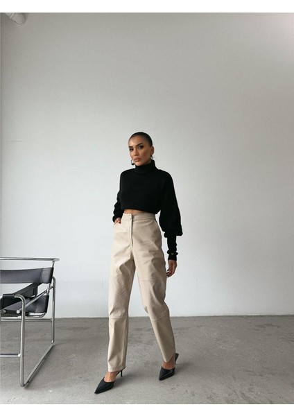 Runiquehome Deri Pantolon Diz Parçalı - Taş