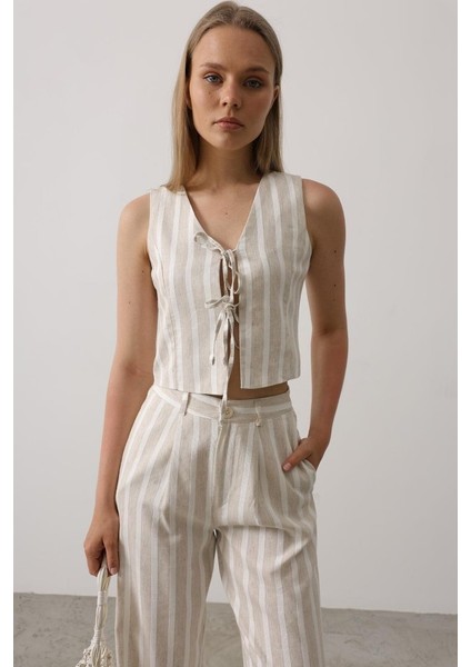 Runiquehome Çizgili Yelek Takım - Beyaz-Taş fırsatları