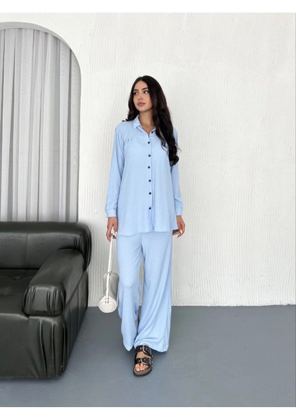 Runiquehome Yakalı Düğmeli Uzun Kollu Gömlek Pantolon Ikili Takım - Bebek Mavisi modelleri
