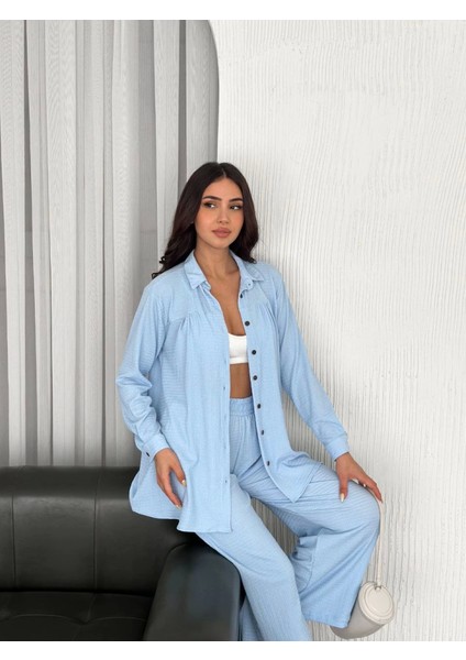 Runiquehome Yakalı Düğmeli Uzun Kollu Gömlek Pantolon Ikili Takım - Bebek Mavisi fırsatları