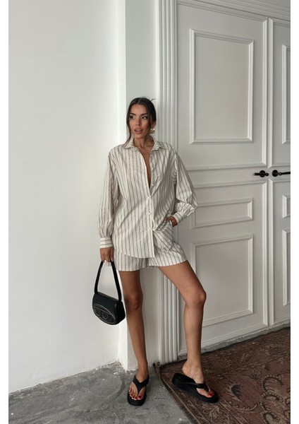 Runiquehome Poplin Çizgili Gömlek - Şort Takım - Bej fiyatları