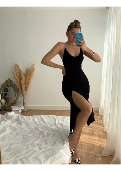 Runiquehome Kadın Kolsuz V Yaka Boyundan ve Sırttan Bağlamalı Yırtmaçlı Janjan Krep Midi Elbise fiyatları