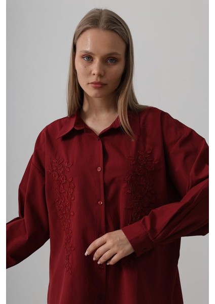 Runiquehome Boncuk Nakış Detaylı Uzun Gömlek - Bordo modelleri