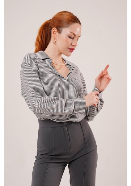 Runiquehome Yarasa Kol Çizgili Cep Detaylı Gri Gömlek fırsatları