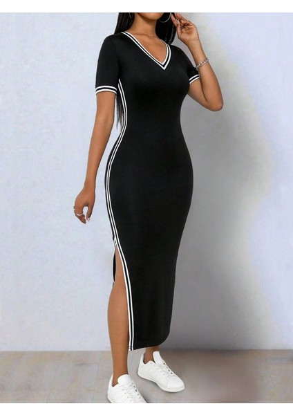 Runiquehome Kadın Kısa Kollu V Yakalı Yandan Yırtmaçlı Viskon Iki Iplik Elbise