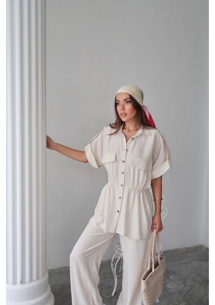 Runiquehome Keten Belden Büzgü Detaylı Gömlek - Pantolon Takım - Taş modelleri