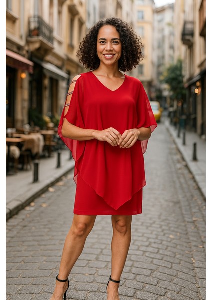 Runiquehome Kadın Omzu Açık V Yaka Şifonlu Sandy Kumaş Fırsat Ürün Diz Üstü Elbise