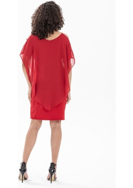 Runiquehome Kadın Omzu Açık V Yaka Şifonlu Sandy Kumaş Fırsat Ürün Diz Üstü Elbise fiyatları