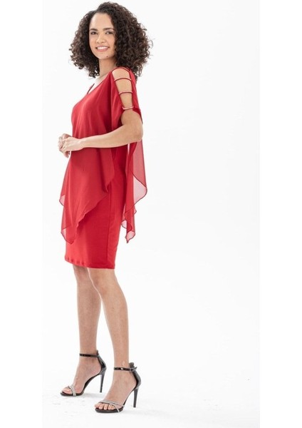 Runiquehome Kadın Omzu Açık V Yaka Şifonlu Sandy Kumaş Fırsat Ürün Diz Üstü Elbise fırsatları