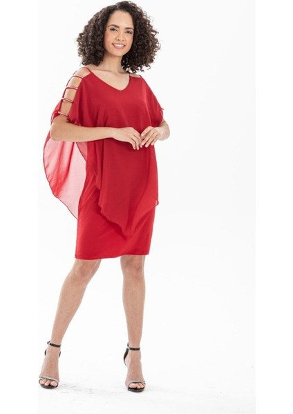 Runiquehome Kadın Omzu Açık V Yaka Şifonlu Sandy Kumaş Fırsat Ürün Diz Üstü Elbise indirimleri