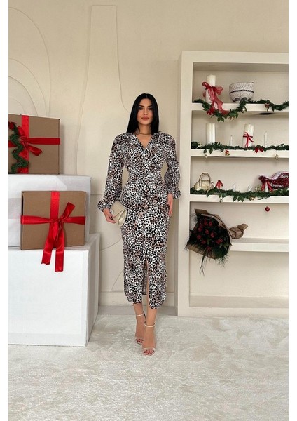 Runiquehome Leopar Önü Yırtmaçlı V Yaka Elbise fiyatları
