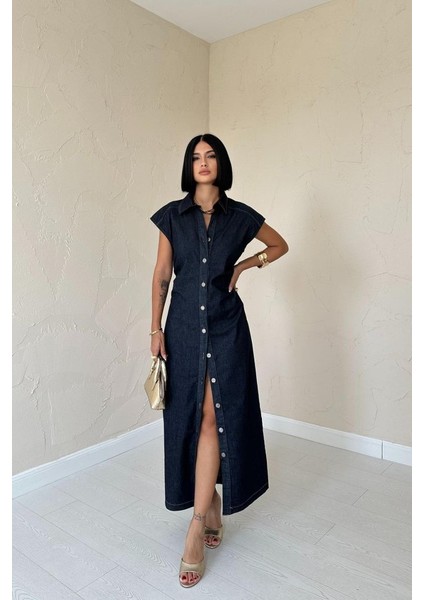 Runiquehome Mavi Kolsuz Vatkalı Elbise