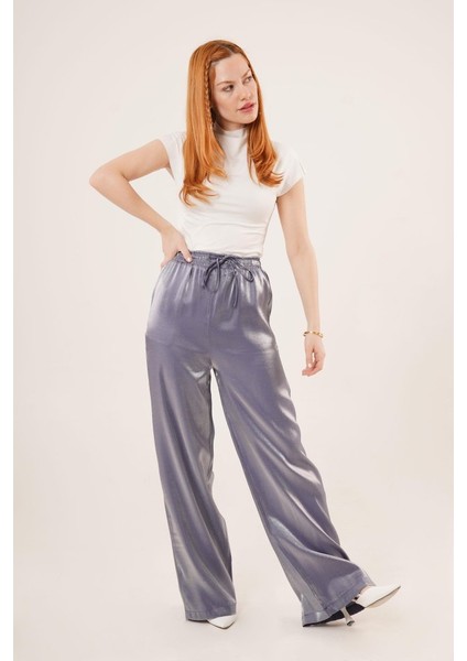 Runiquehome Parlak Görünümlü Cepli Mor Bol Paça Pantolon