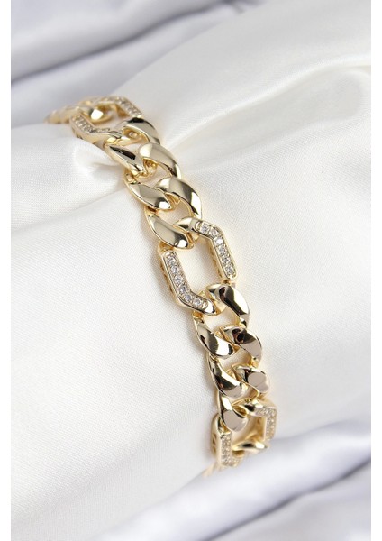 Vıp Pirinç Zirkon Taşlı Parçalı Zincir Model Gold Renk Kadın Bileklik - TJ-BB7767