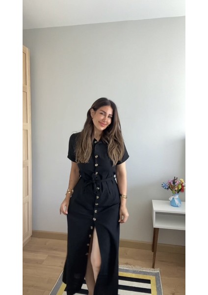 Runiquehome Kadın Kısa Kollu Yakalı Önden Düğmeli Beli Kuşaklı Ithal Keten Elbise