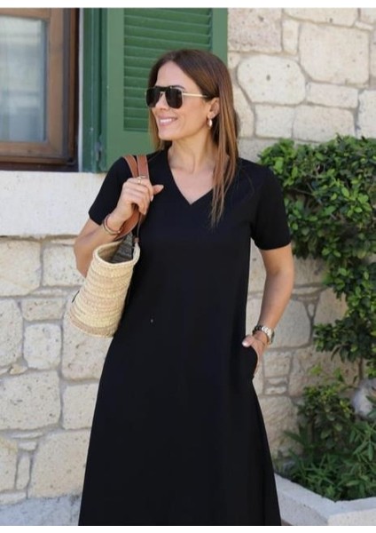 Runiquehome Kadın Kısa Kollu V Yaka Cepli Viskon Elbise fiyatları