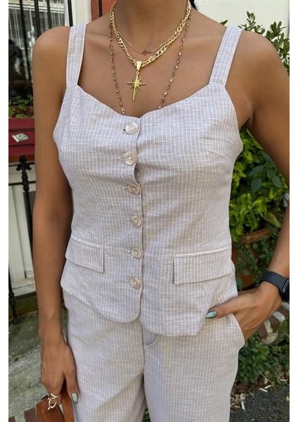 Runiquehome Kalın Askılı Bluz Pantolon Keten Takım 10187