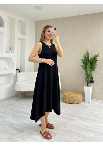 Runiquehome Kadın Askılı Yuvarlak Yakalı Asimetrik Kesim Detaylı Viskon Elbise