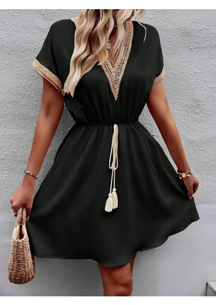 Runiquehome Kadın Kısa Kollu V Yakalı Belinde Bağcıklı Viskon Elbise fiyatları