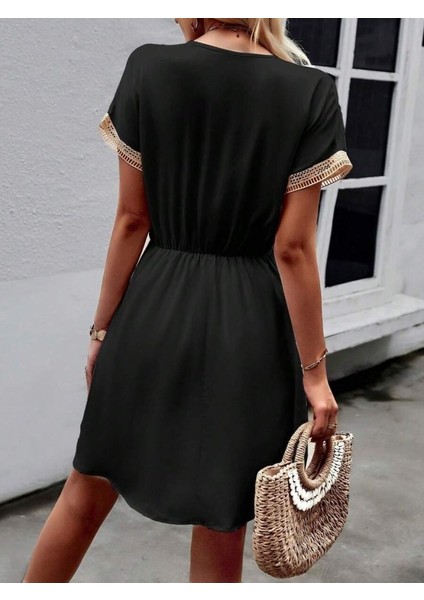 Runiquehome Kadın Kısa Kollu V Yakalı Belinde Bağcıklı Viskon Elbise modelleri