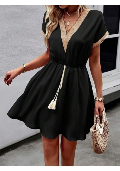 Runiquehome Kadın Kısa Kollu V Yakalı Belinde Bağcıklı Viskon Elbise fırsatları