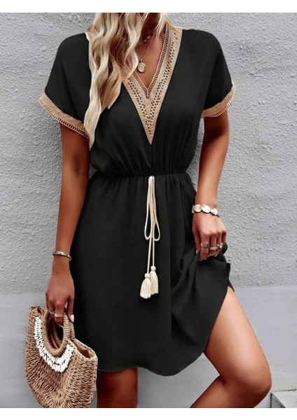 Runiquehome Kadın Kısa Kollu V Yakalı Belinde Bağcıklı Viskon Elbise