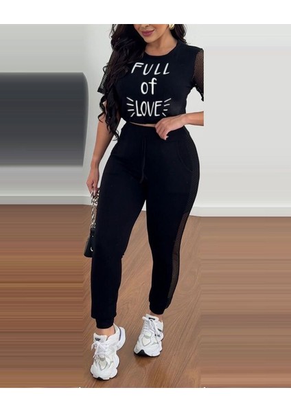 Runiquehome Kadın Kısa Kollu Bisiklet Yaka File Detaylı Viskon Iki Iplik Krop ve Eşofman Altı Ikili Takım