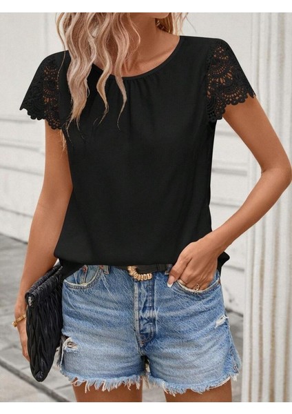 Runiquehome Kadın Kısa Dantel Kollu Bisiklet Yaka Sandy Bluz