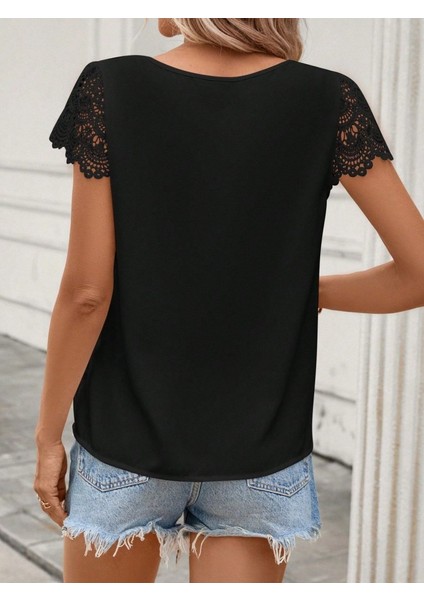 Runiquehome Kadın Kısa Dantel Kollu Bisiklet Yaka Sandy Bluz modelleri
